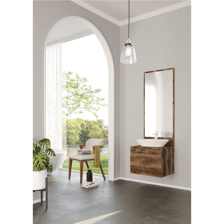 Grade A1 - 600mm Wood Effect Wall Hung Countertop Vanity Unit with Mirror and Basin - Nerja