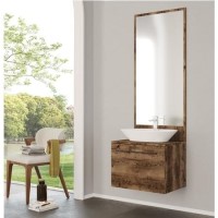 Grade A1 - 600mm Wood Effect Wall Hung Countertop Vanity Unit with Mirror and Basin - Nerja