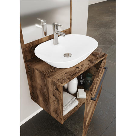 Grade A1 - 600mm Wood Effect Wall Hung Countertop Vanity Unit with Mirror and Basin - Nerja