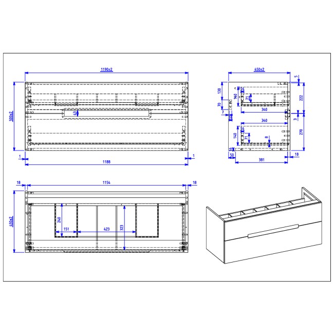 1200mm White Wall Hung Double Vanity Unit with Basin - Morella