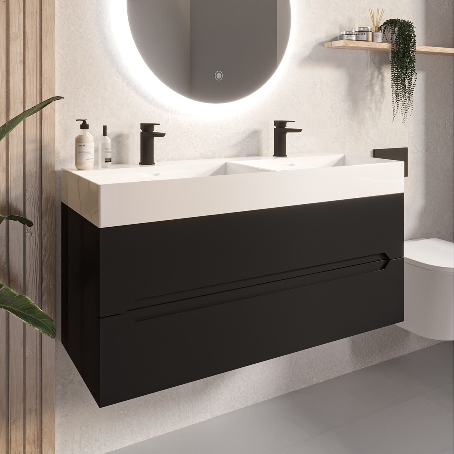 1200mm Black Wall Hung Double Vanity, Black Wall Hung Double Vanity Unit