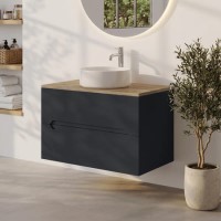 800mm Grey Wall Hung Countertop Vanity Unit with Oak Worktop and Basin - Morella