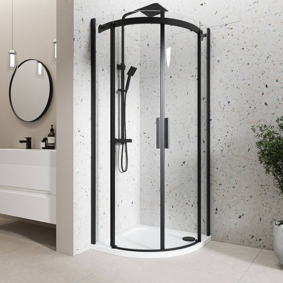 Grade A1 - Black 800mm Frameless Quadrant Shower Enclosure - Aquila 