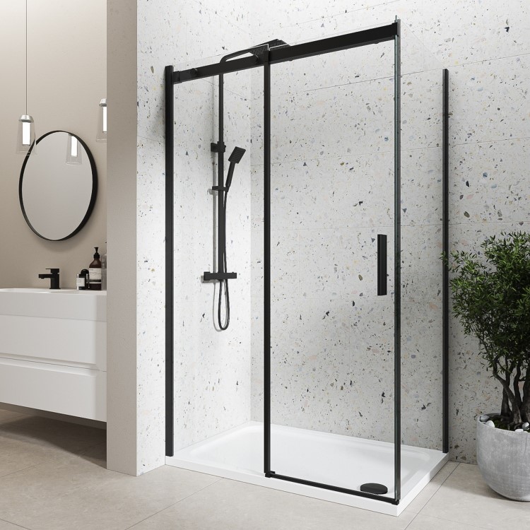 Black 8mm Glass Frameless Rectangular Sliding Shower Enclosure with Shower Tray 1000x700mm - Aquila