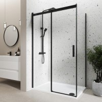 Black 8mm Glass Frameless Rectangular Sliding Shower Enclosure with Shower Tray 1400x800mm - Aquila