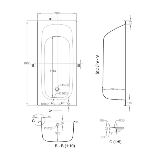 1600 x 700 Colt Single Ended Steel Bath with 2 Tap Holes