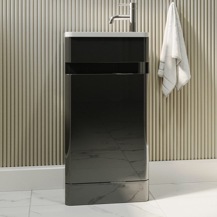 Wall Hung Toilet and Dark Grey Gloss Basin Vanity Unit Cloakroom Suite - Pendle