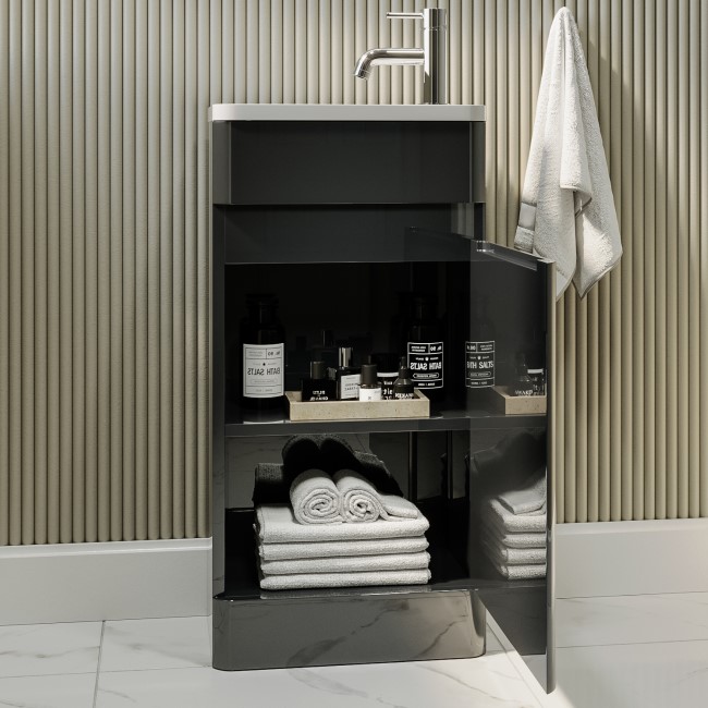 Wall Hung Toilet and Dark Grey Gloss Basin Vanity Unit Cloakroom Suite - Pendle