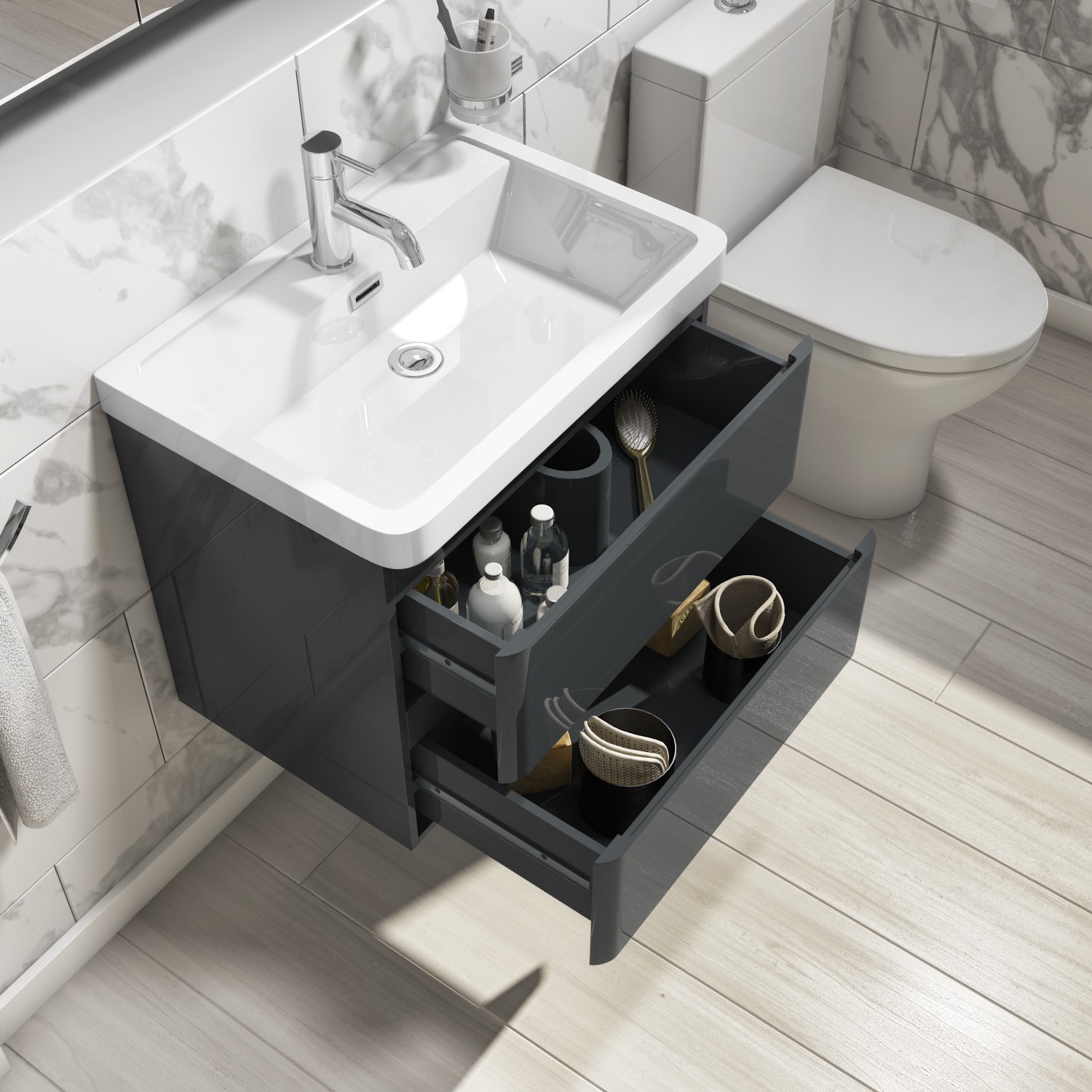 Grade A2 - 600mm Dark Grey Wall Hung Vanity Unit With Basin - Pendle ...