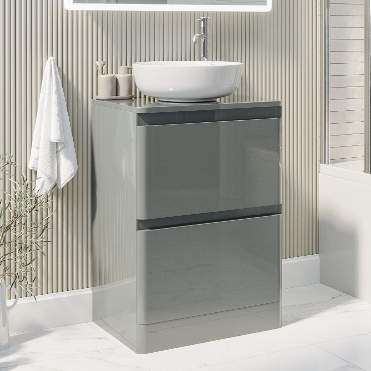 Grade A2 - 600mm Light Grey Freestanding Countertop Vanity Unit with Basin - Pendle