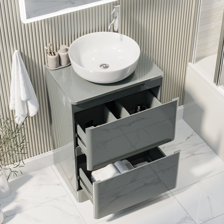 Grade A2 - 600mm Light Grey Freestanding Countertop Vanity Unit with Basin - Pendle