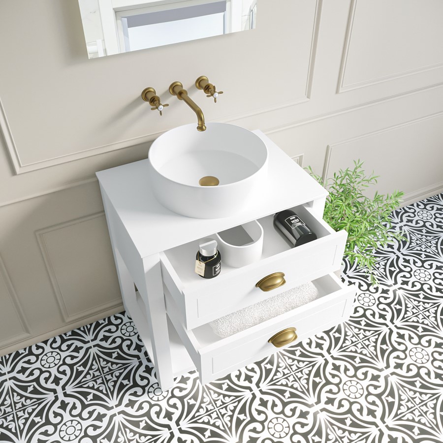 650mm White Traditional Freestanding Vanity Unit with Brass Handles - Kentmere