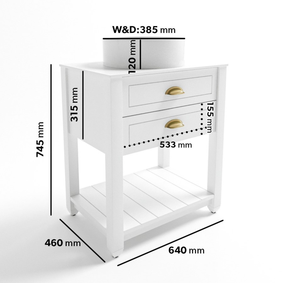 650mm White Traditional Freestanding Vanity Unit with Brass Handles - Kentmere