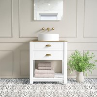 650mm White Traditional Freestanding Vanity Unit with Wood Effect Top and Brass Handles - Kentmere