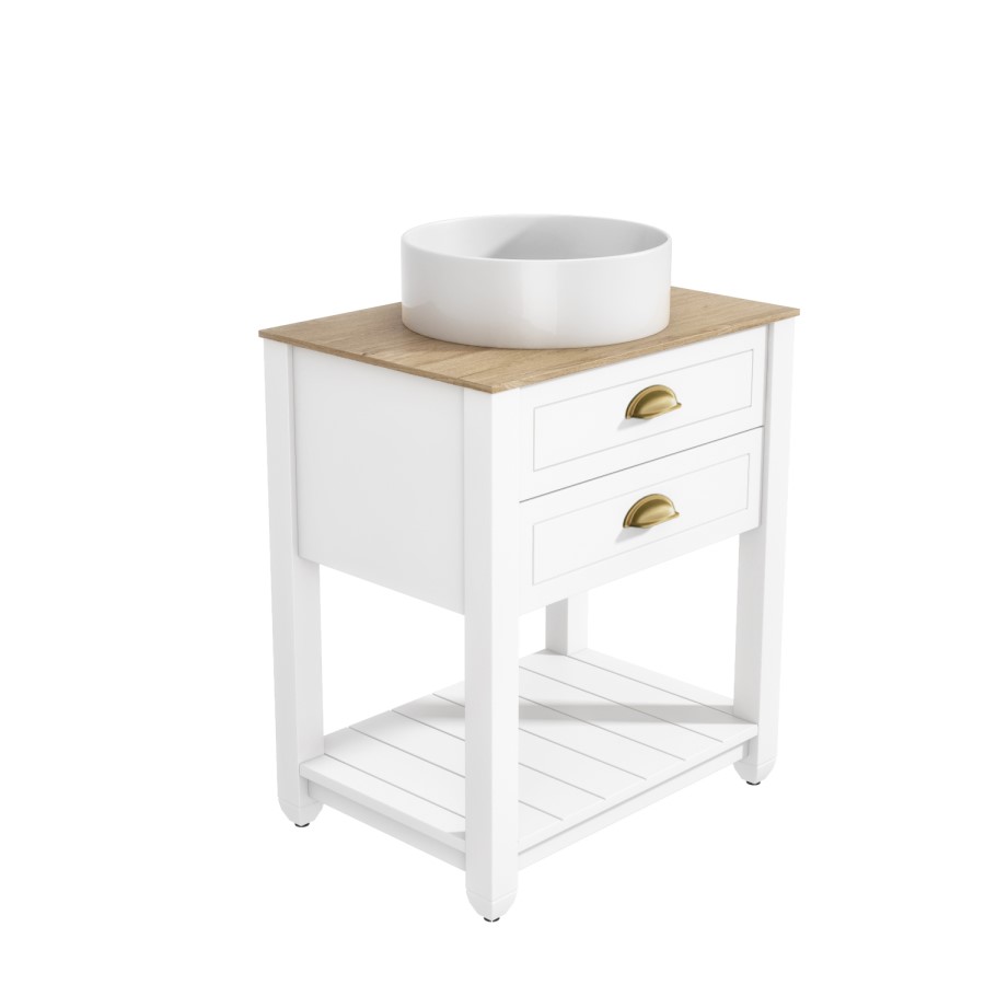 650mm White Traditional Freestanding Vanity Unit with Wood Effect Top and Brass Handles - Kentmere