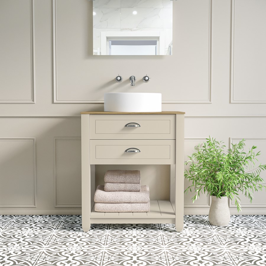 650mm Beige Traditional Freestanding Vanity Unit with Wood Effect Top and Chrome Handles  - Kentmere