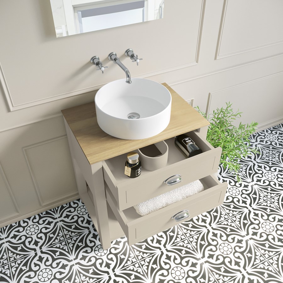 650mm Beige Traditional Freestanding Vanity Unit with Wood Effect Top and Chrome Handles  - Kentmere