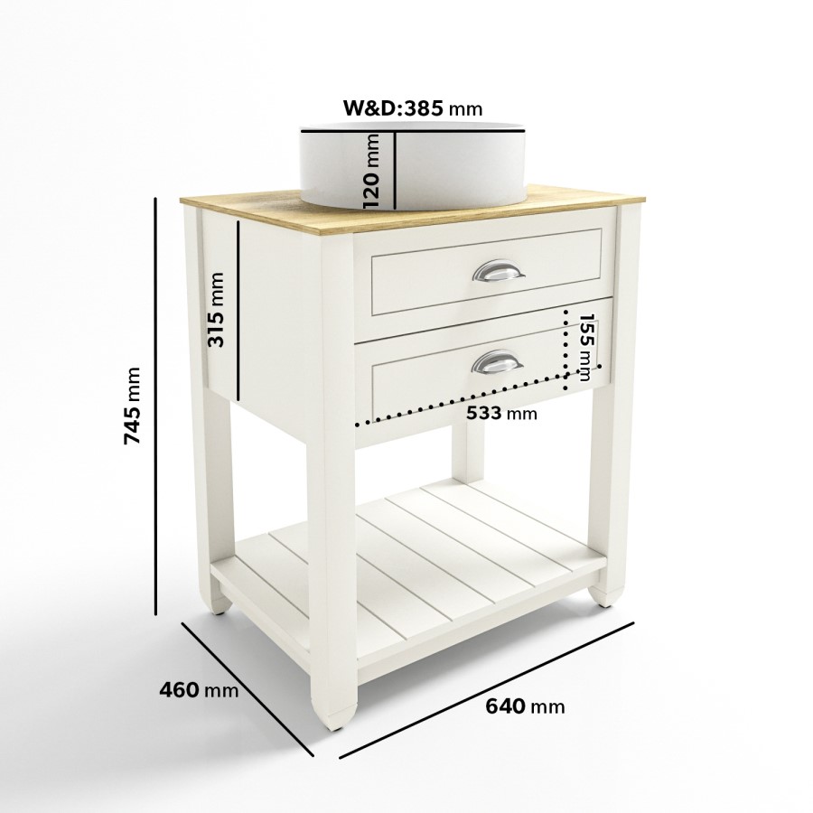 650mm Beige Traditional Freestanding Vanity Unit with Wood Effect Top and Chrome Handles  - Kentmere