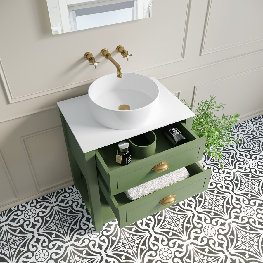 Grade A1 - 650mm Green Freestanding Countertop Vanity with White Worktop and Basin - Kentmere
