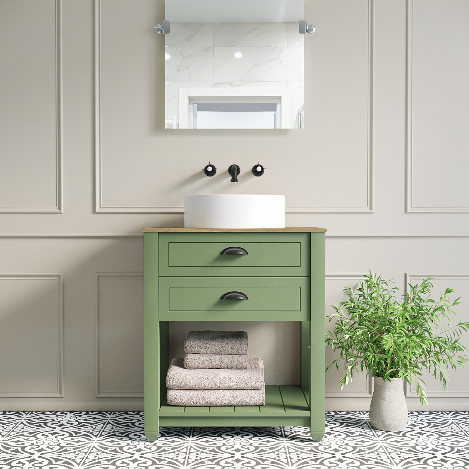 650mm Green Traditional Freestanding Vanity Unit with Wood Effect Top ...