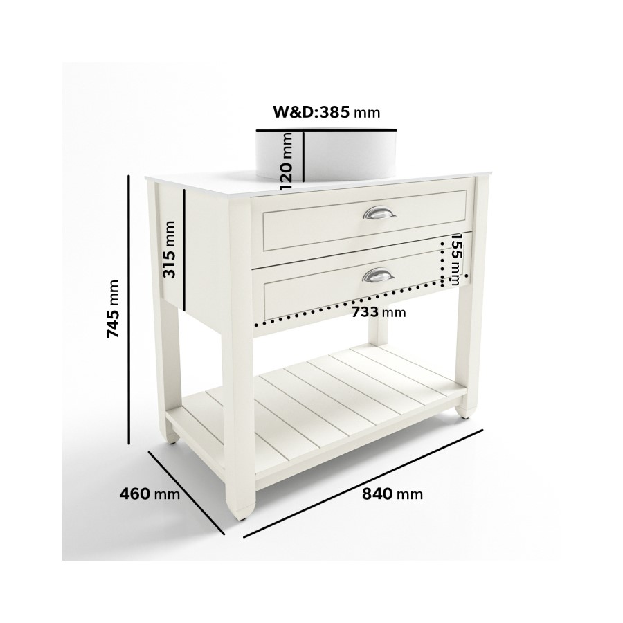 850mm White Traditional Freestanding Vanity Unit with Black Handles - Kentmere