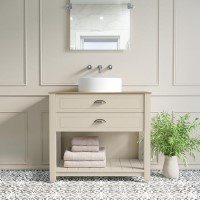 Grade A1 - 850mm Beige Traditional Freestanding Vanity Unit with Wood Effect Top and Chrome Handles - Kentmere