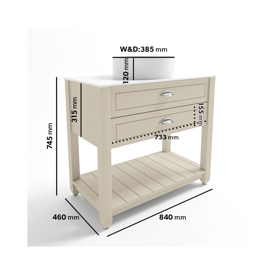 850mm Beige Tradional Freestanding Vanity Unit with Chrome Handles- Kentmere