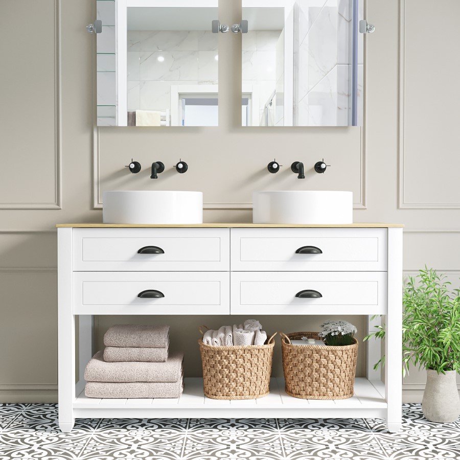 1250mm White Traditional Freestanding Vanity Unit with Wood Effect Top and Black Handles - Kentmere