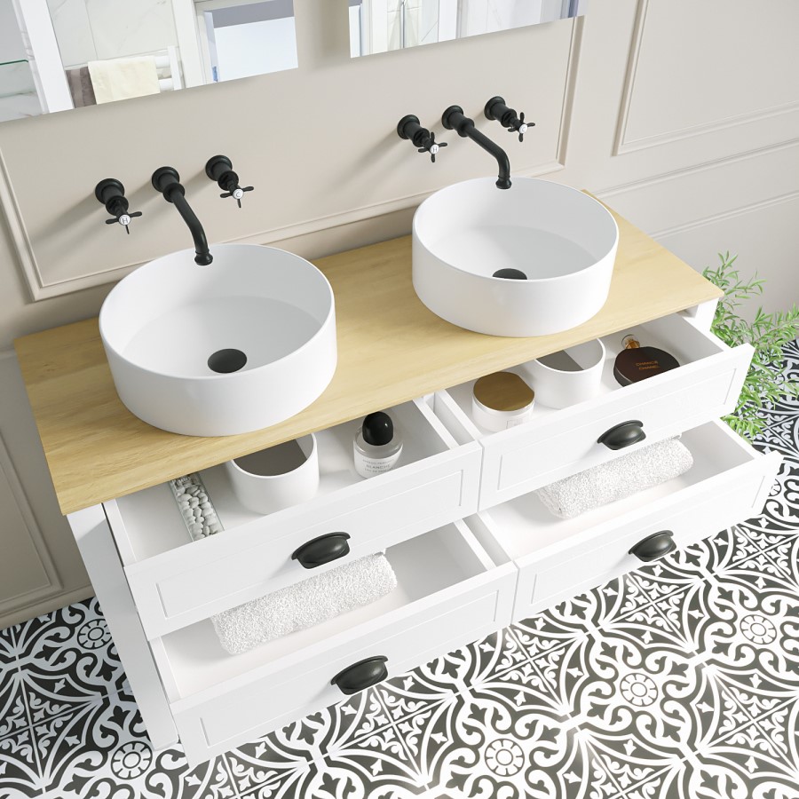 1250mm White Traditional Freestanding Vanity Unit with Wood Effect Top and Black Handles - Kentmere