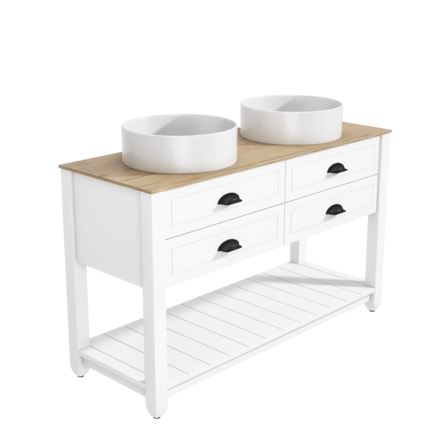 1250mm White Traditional Freestanding Vanity Unit with Wood Effect Top and Black Handles - Kentmere