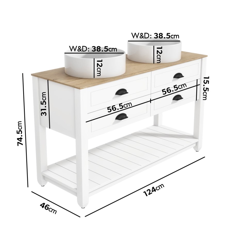 1250mm White Traditional Freestanding Vanity Unit with Wood Effect Top and Black Handles - Kentmere