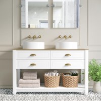 1250mm White Traditional Freestanding Vanity Unit with Wood Effect Top and Brass Handles - Kentmere