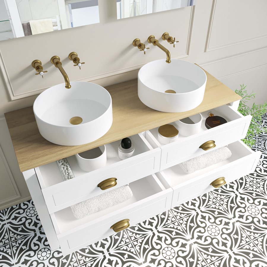 1250mm White Traditional Freestanding Vanity Unit with Wood Effect Top and Brass Handles - Kentmere
