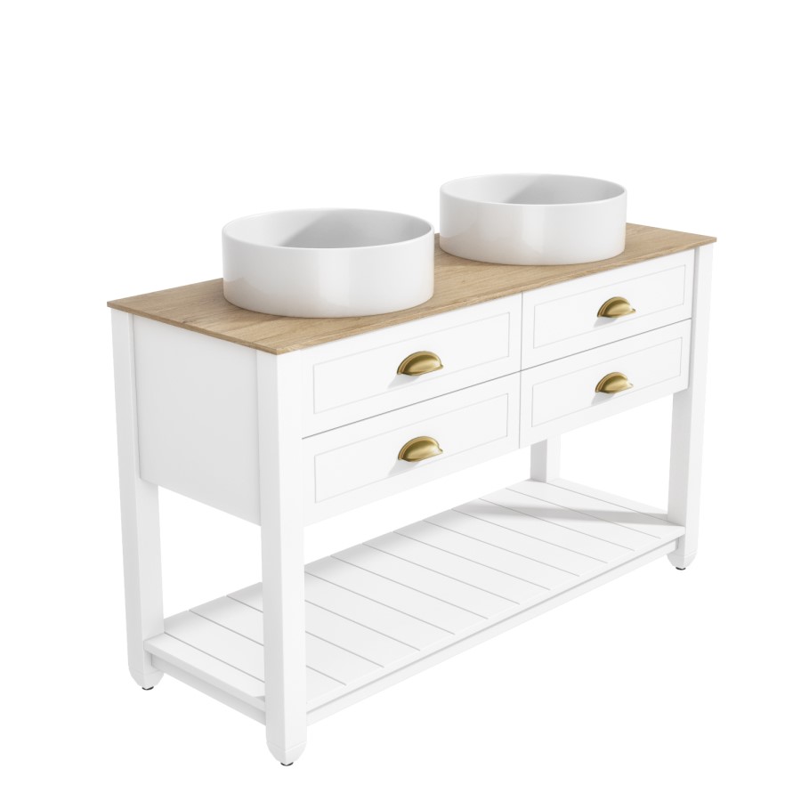 1250mm White Traditional Freestanding Vanity Unit with Wood Effect Top and Brass Handles - Kentmere
