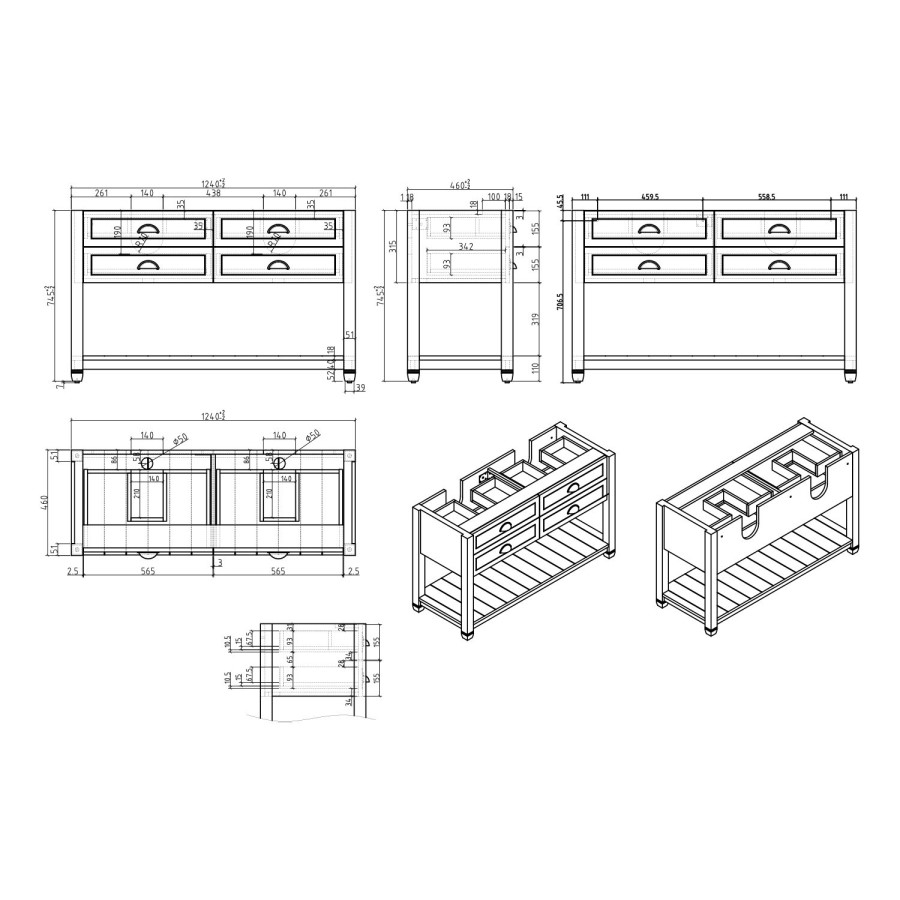 1250mm White Traditional Freestanding Vanity Unit with Wood Effect Top and Brass Handles - Kentmere