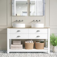 Grade A1 - 1250mm White Traditional Freestanding Vanity Unit with Wood Effect Top and Chrome Handles - Kentmere