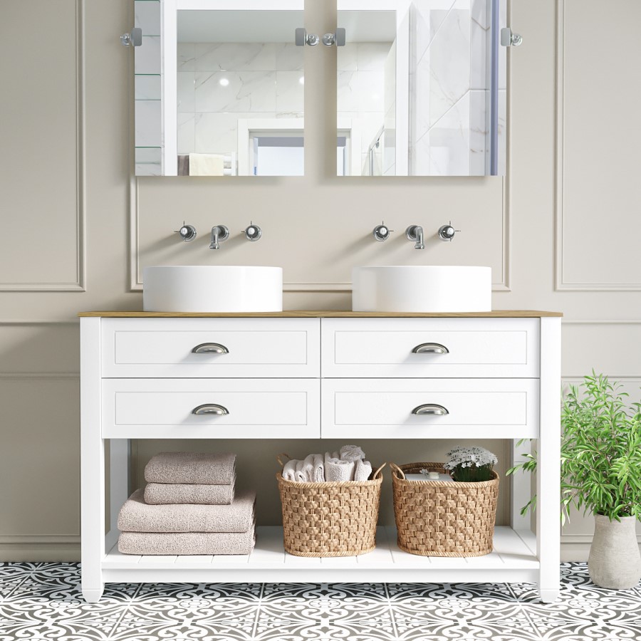 Grade A1 - 1250mm White Traditional Freestanding Vanity Unit with Wood Effect Top and Chrome Handles - Kentmere