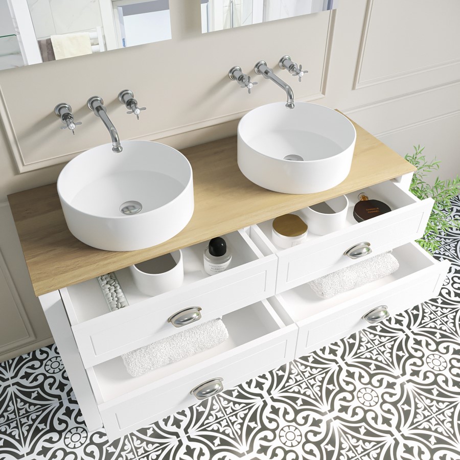 Grade A1 - 1250mm White Traditional Freestanding Vanity Unit with Wood Effect Top and Chrome Handles - Kentmere