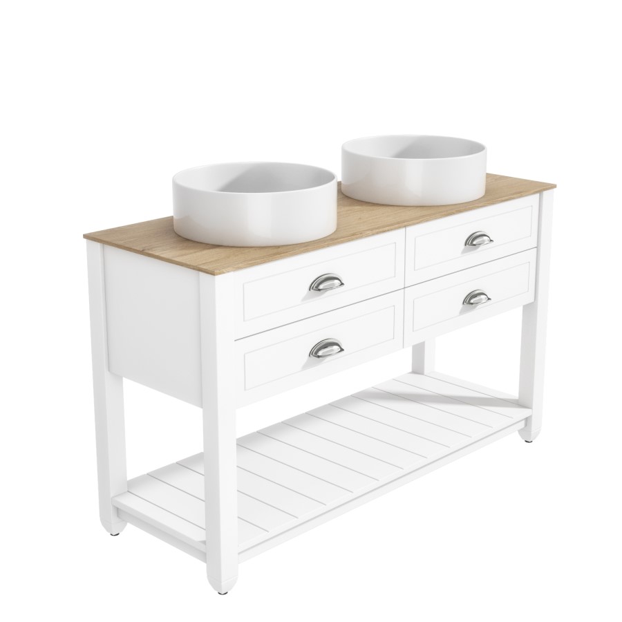 Grade A1 - 1250mm White Traditional Freestanding Vanity Unit with Wood Effect Top and Chrome Handles - Kentmere