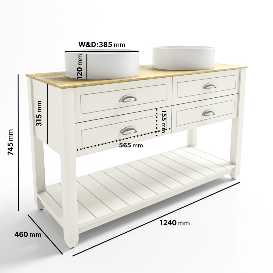 Grade A1 - 1250mm Beige Traditional Freestanding Vanity Unit with Wood Effect Top and Chrome Handles - Kentmere