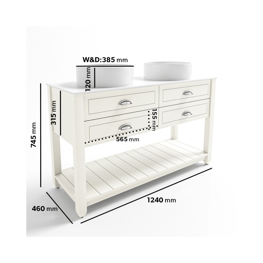 1250mm Beige Traditional Freestanding Vanity Unit with Chrome Handles  - Kentmere