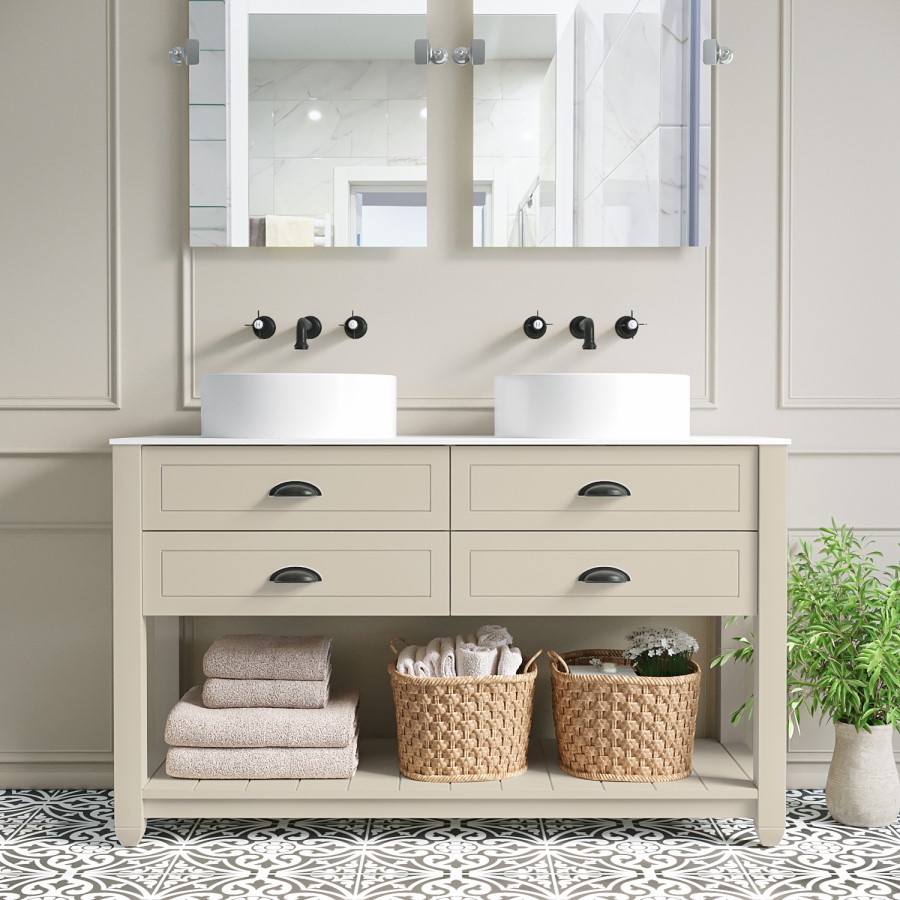 1250mm Beige Traditional Freestanding Vanity Unit with Basins and Black Handles - Kentmere