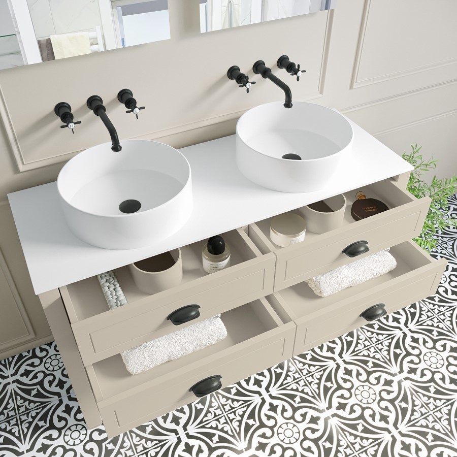 1250mm Beige Traditional Freestanding Vanity Unit with Basins and Black Handles - Kentmere