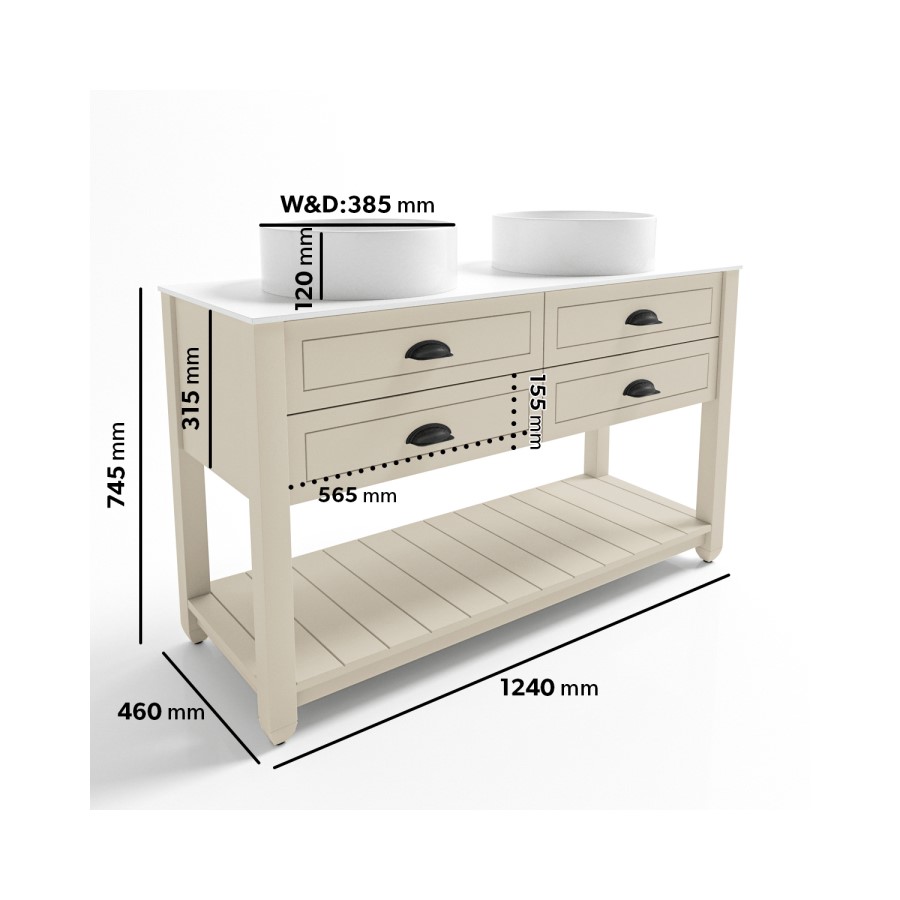 1250mm Beige Traditional Freestanding Vanity Unit with Basins and Black Handles - Kentmere
