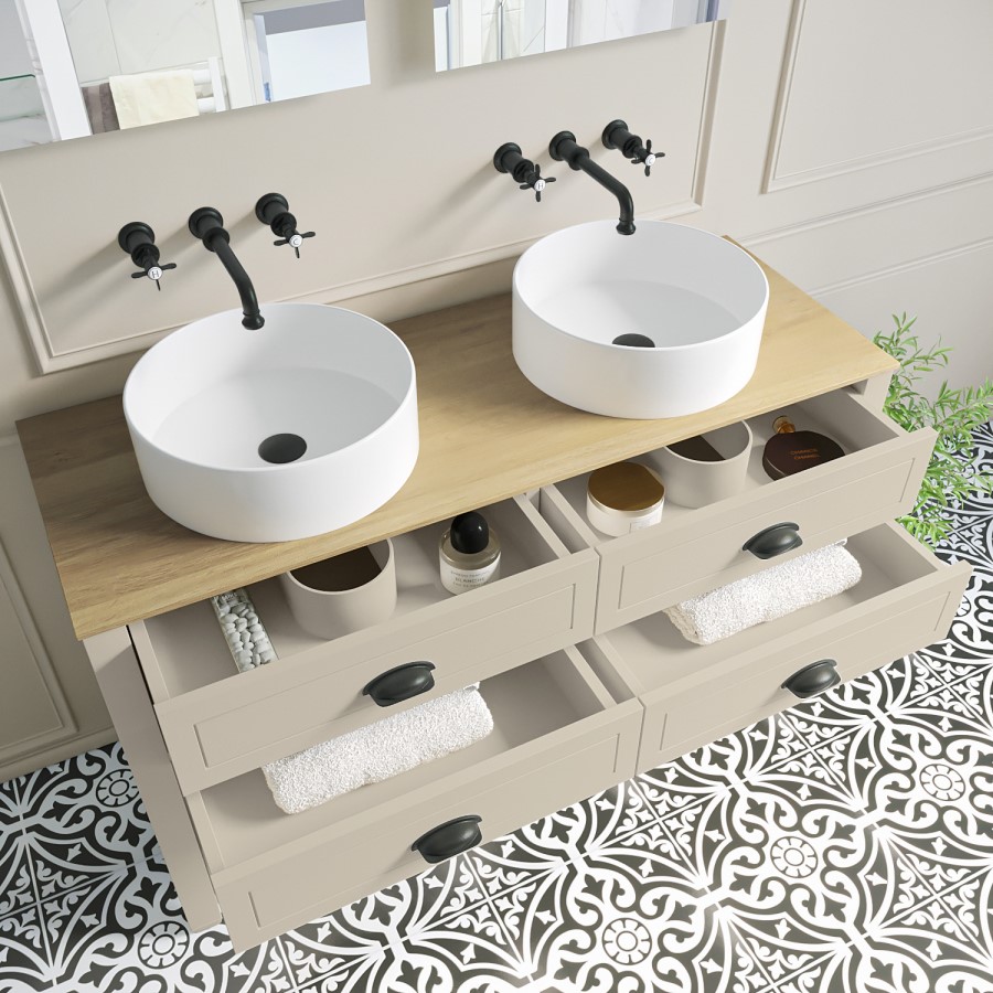 1250mm Beige Traditional Freestanding Vanity Unit with Basins and Black Handles - Kentmere