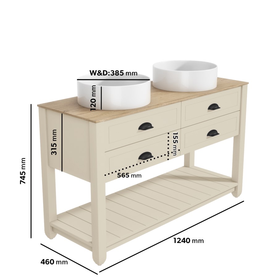 1250mm Beige Traditional Freestanding Vanity Unit with Basins and Black Handles - Kentmere
