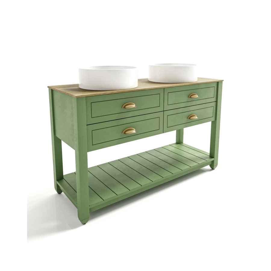 1250mm Green Traditional Freestanding Vanity Unit with Basins and Brushed Brass Handles - Kentmere