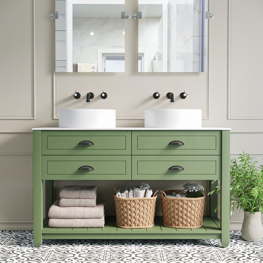 1250mm Green Tradtional Freestanding Vanity Unit with Matt White Top and Black Handles - Kentmere