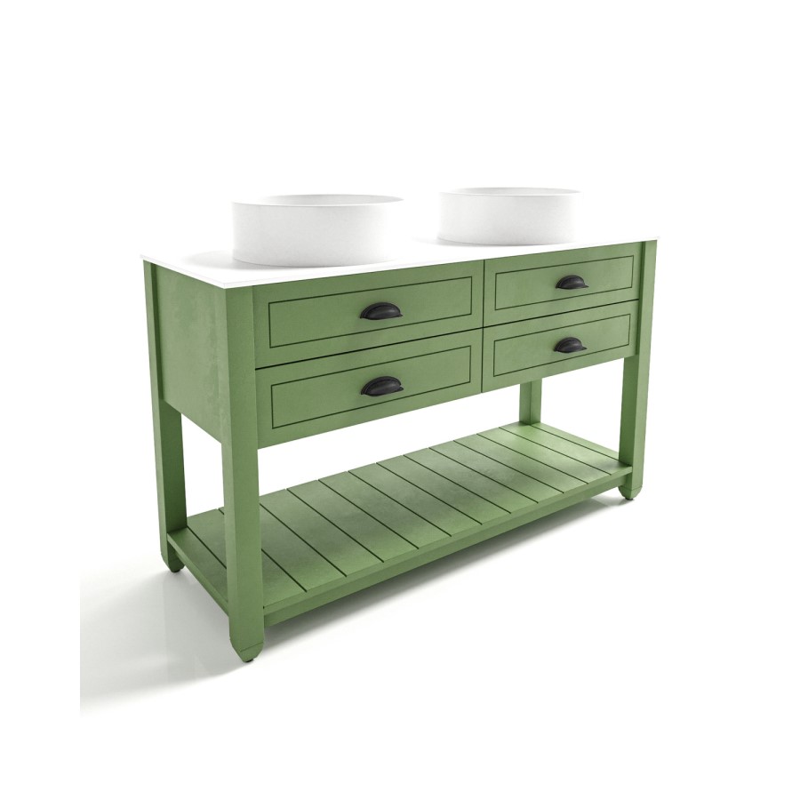 1250mm Green Tradtional Freestanding Vanity Unit with Matt White Top and Black Handles - Kentmere