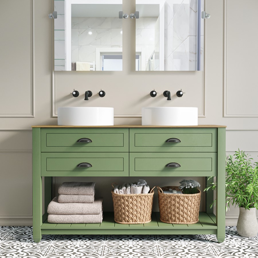 1250mm Green Traditional Freestanding Vanity Unit with Wood Effect Top and Black Handles - Kentmere